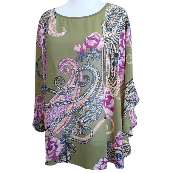 BOB MACKIE Kimono Artsy Floral Large Sheer Poncho Roses Paisley Dressy Green - Picture 9 of 10